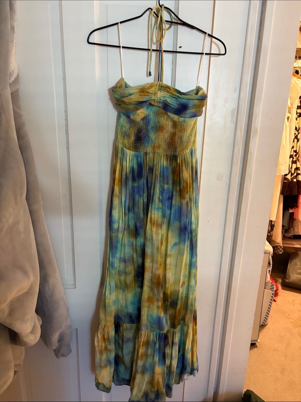 HUNTER BELL Strapless Tie-Dye Maxi Dress in Blue & Green